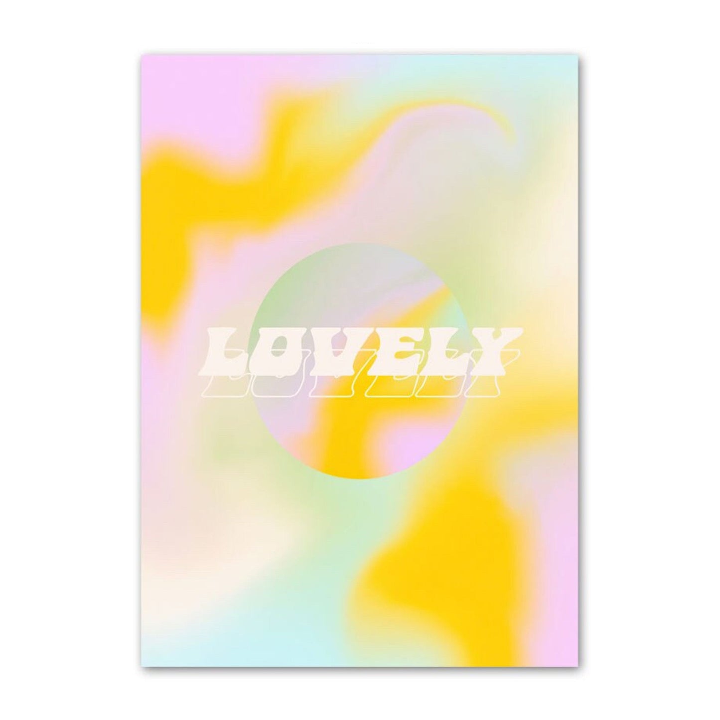 Buntes Poster mit dem Wort 'LOVELY', ideal für Deko, von justgoodmood. Perfekt für Spiritualität, Selbstliebe und Harmonie in Ihrem Zuhause.