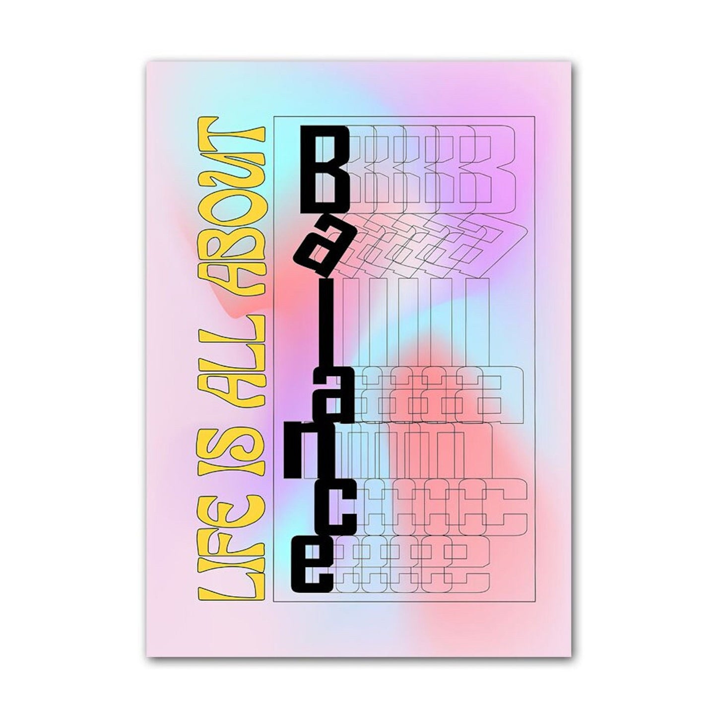 Kreatives Poster mit dem Spruch "Life is all about Balance" in bunten, harmonischen Farbtönen, ein großartiges Kunstwerk von justgoodmood.