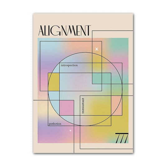 Das Poster 'Ausrichtung' von justgoodmood zeigt lebendige Farben und geometrische Designs in sanften Pastelltönen, ideal für eine inspirierende Wandgestaltung.