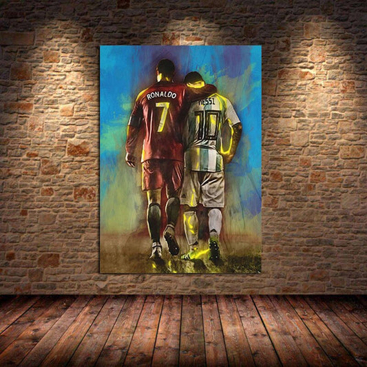 Poster Fußball von Cristiano Ronaldo und Messi als Deko Print ohne Rahmen von justgoodmood, voller lebendiger Farben und Emotionen, ideal für Fußballfans.