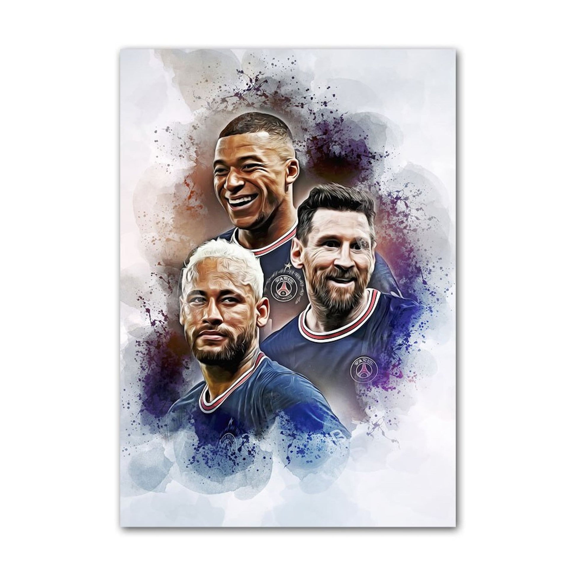 Dynamisches Poster von Paris Saint-Germain featuring Messi, Mbappé und Neymar Jr. Perfekt für Fußballenthusiasten, als Deko Print von justgoodmood verleiht es jedem Raum einen sportlichen Flair.