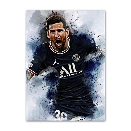 Detailliertes Poster von Lionel Messi im Torjubel, voller Energie und Leidenschaft. Ein Must-Have für Fußballfans, erhältlich bei justgoodmood.