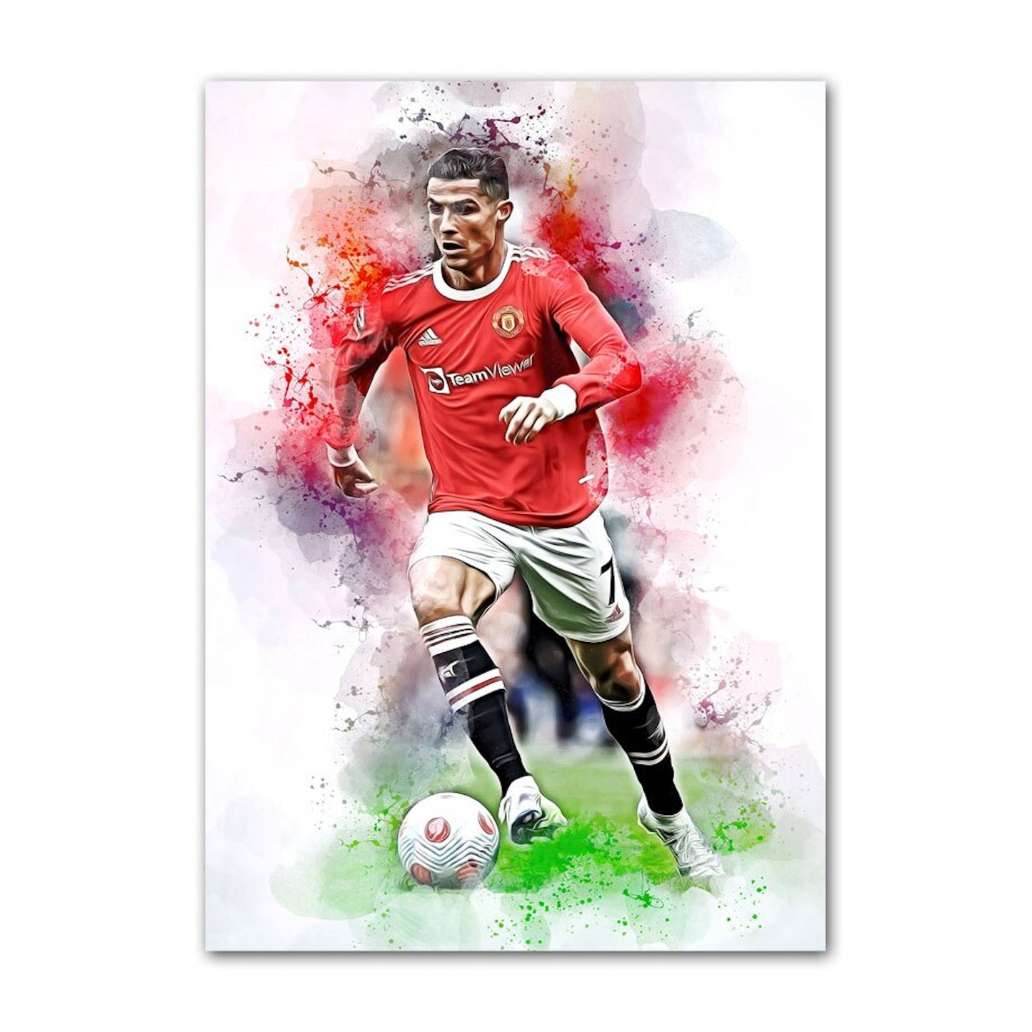Faszinierendes Poster von Cristiano Ronaldo, der dynamisch mit dem Ball läuft. Perfekte Dekoration für jeden Fußballfan, erhältlich bei justgoodmood.