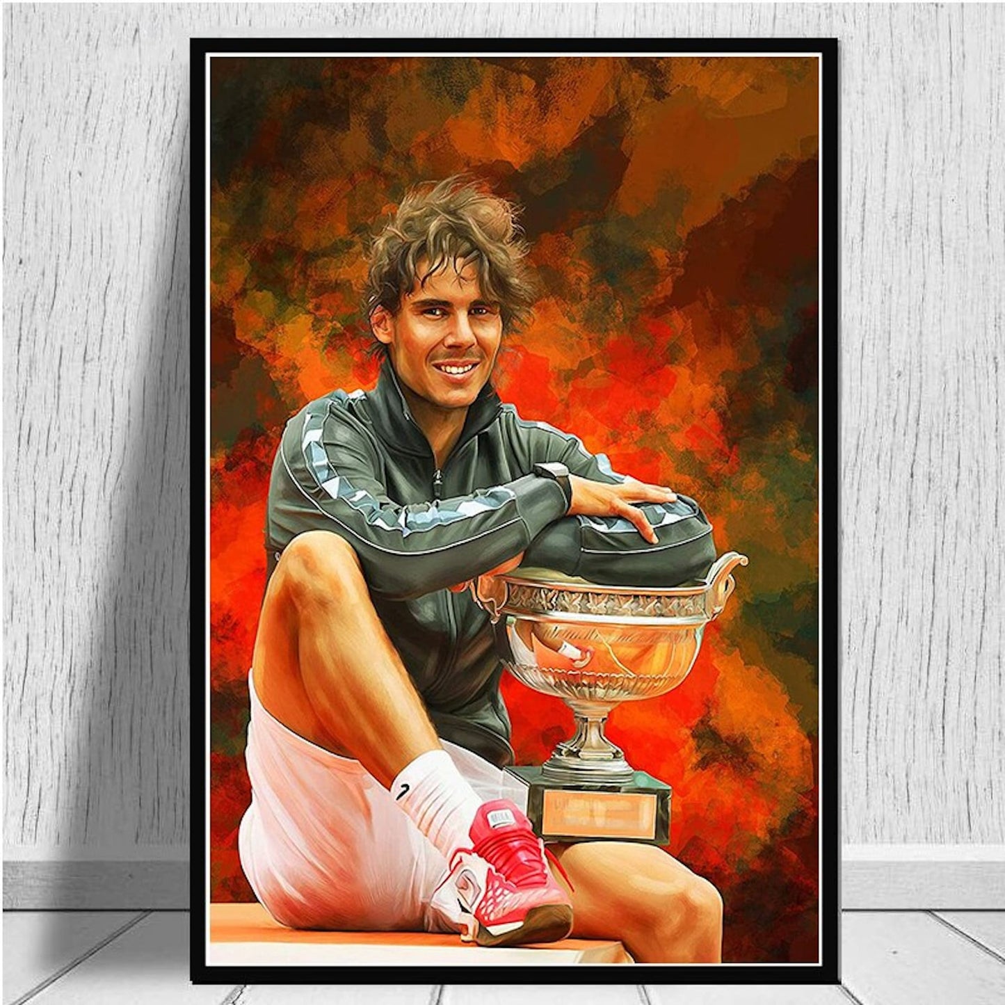 Fröhliches Poster von Rafael Nadal mit dem Siegerpokal, ideal als Deko Print ohne Rahmen von justgoodmood.