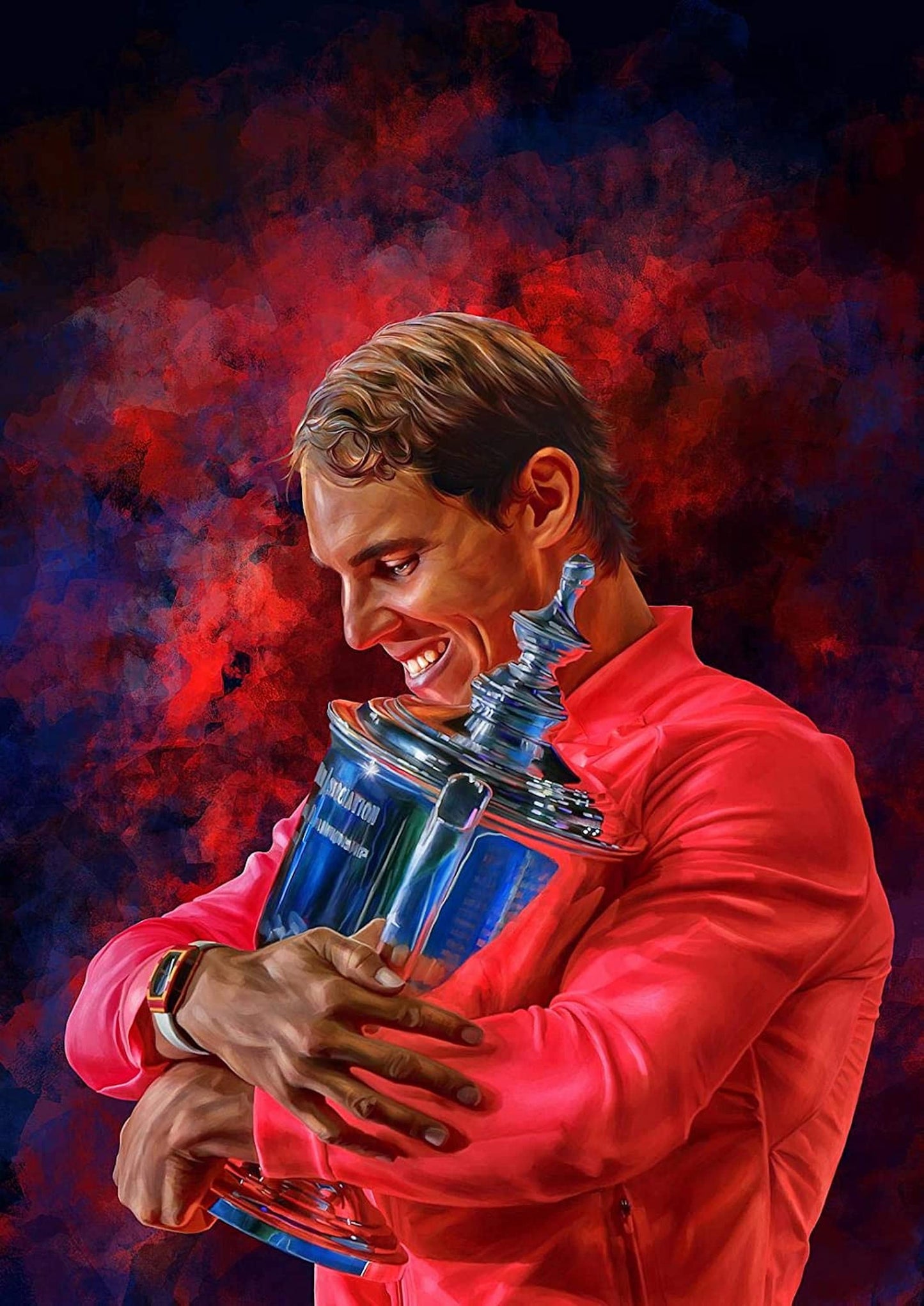 Lebendiges Poster von Rafael Nadal, der seinen US Open Pokal umarmt, perfektes Deko Print ohne Rahmen von justgoodmood.
