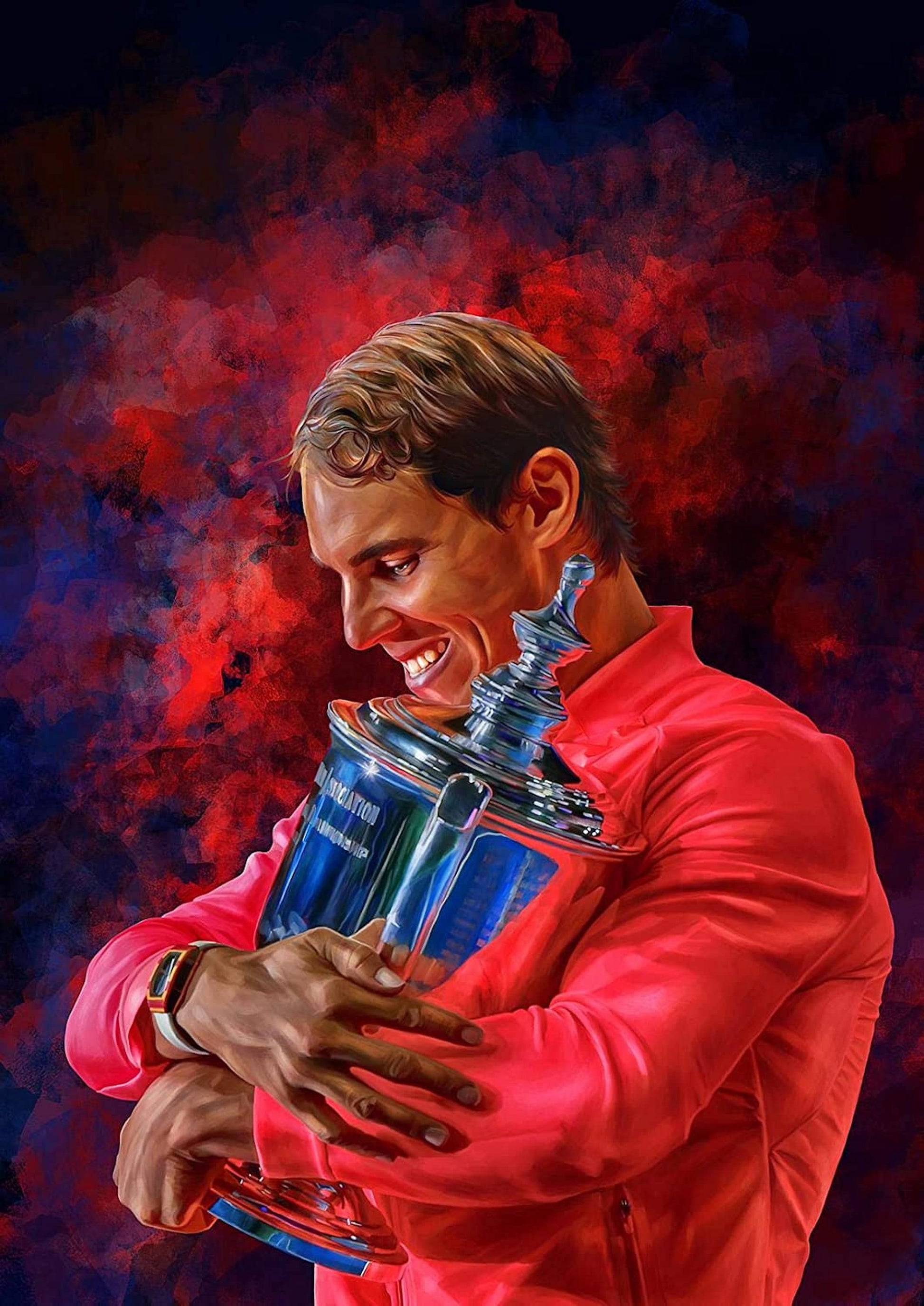 Lebendiges Poster von Rafael Nadal, der seinen US Open Pokal umarmt, perfektes Deko Print ohne Rahmen von justgoodmood.