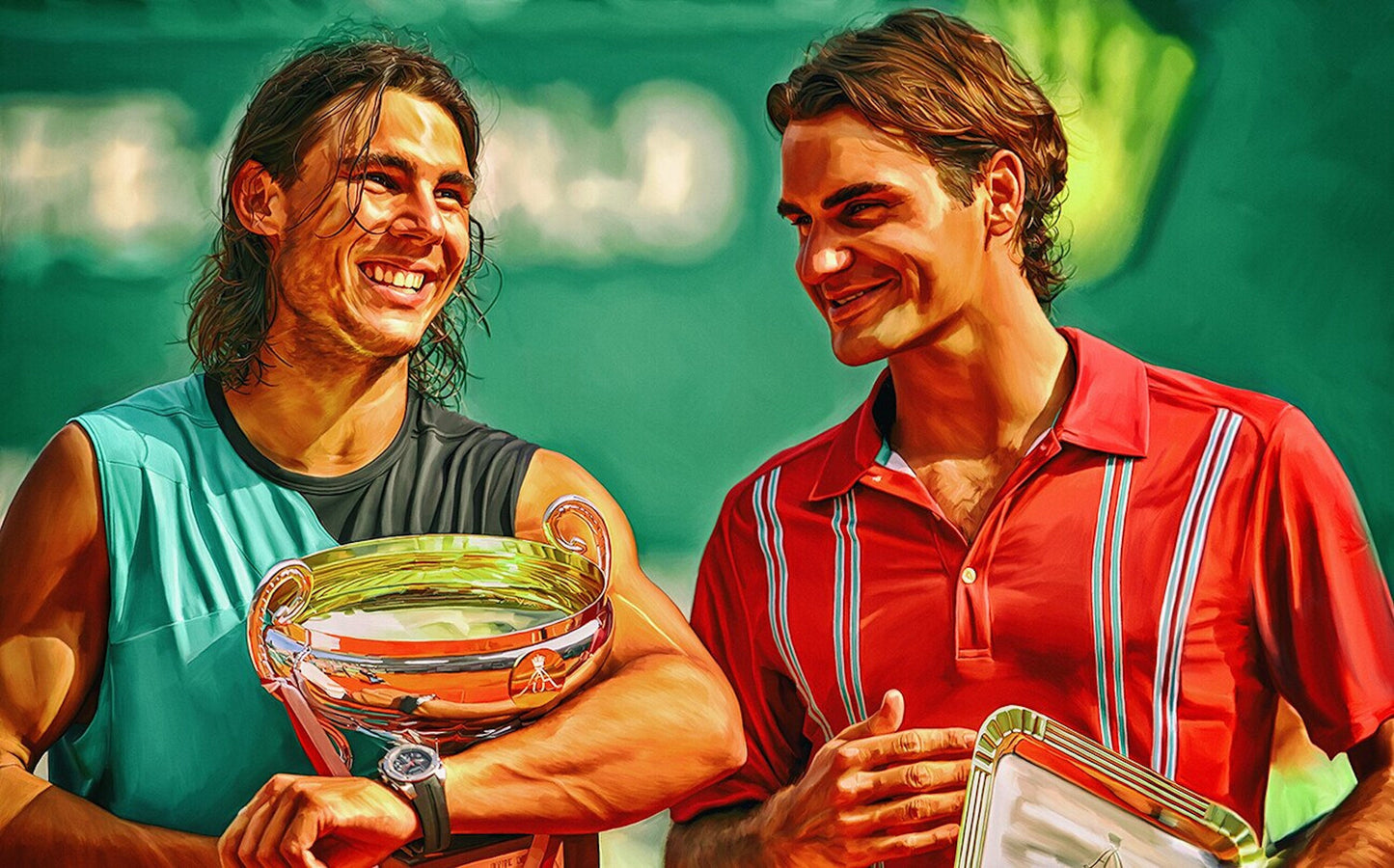 Fröhliches Tennis-Duo bei der Preisverleihung: Rafael Nadal und Roger Federer zeigen ihre Erfolge. Poster Tennis Spieler Rafael Nadal als Deko Print ohne Rahmen von justgoodmood.