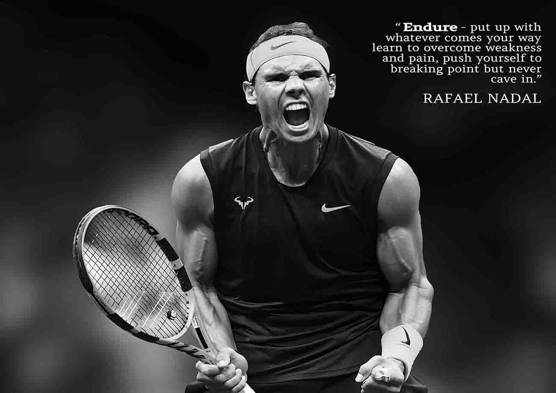 Inspirierendes Schwarz-Weiß-Bild von Rafael Nadal, der seine Leidenschaft für Tennis ausstrahlt, mit motivierendem Zitat. Poster Tennis Spieler Rafael Nadal als Deko Print ohne Rahmen von justgoodmood.