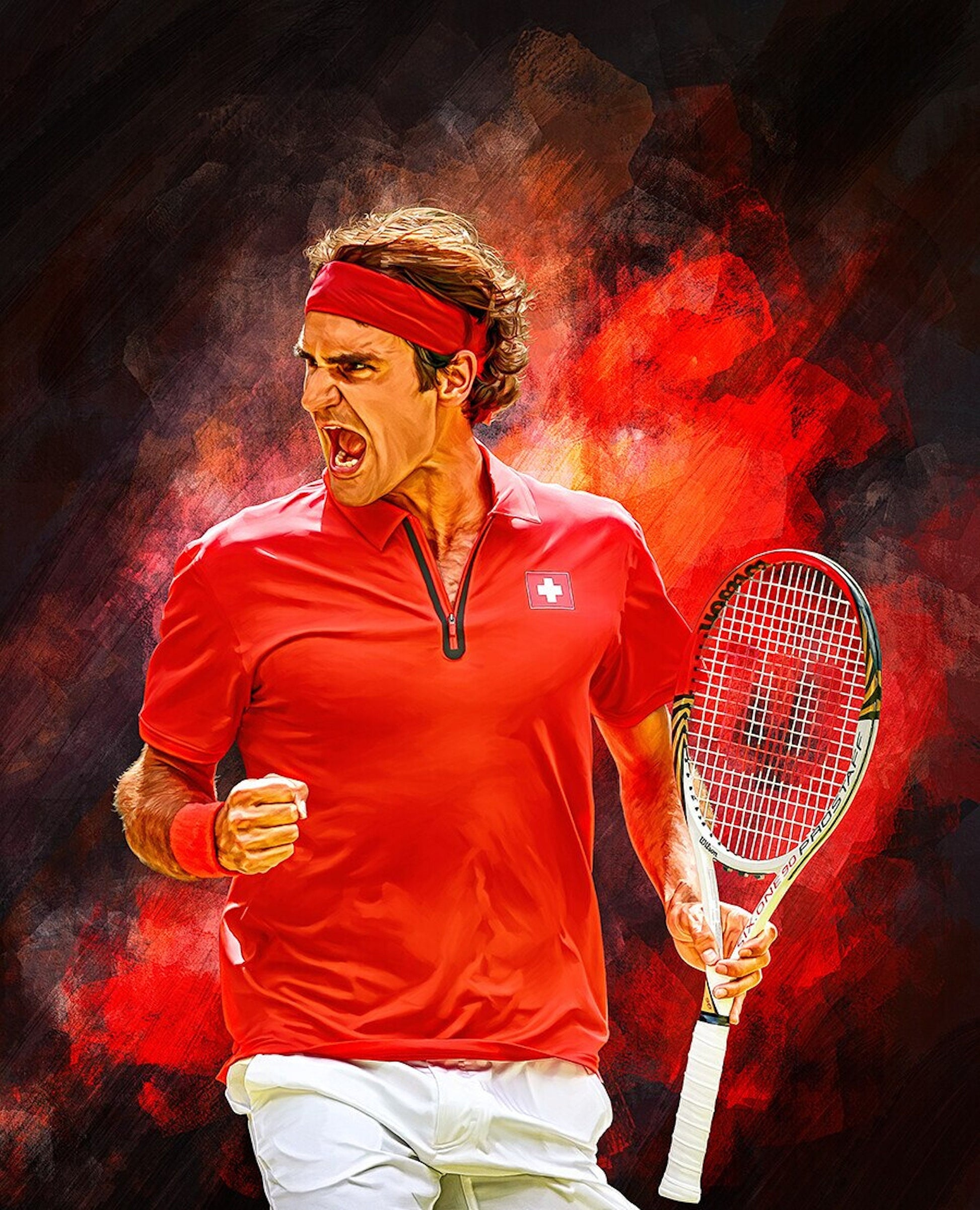 Kraftvolles Poster von Roger Federer als Deko Print ohne Rahmen, angeboten von Justgoodmood. Das Bild zeigt Federer in seinem roten Outfit, voller Energie und Leidenschaft auf dem Platz.