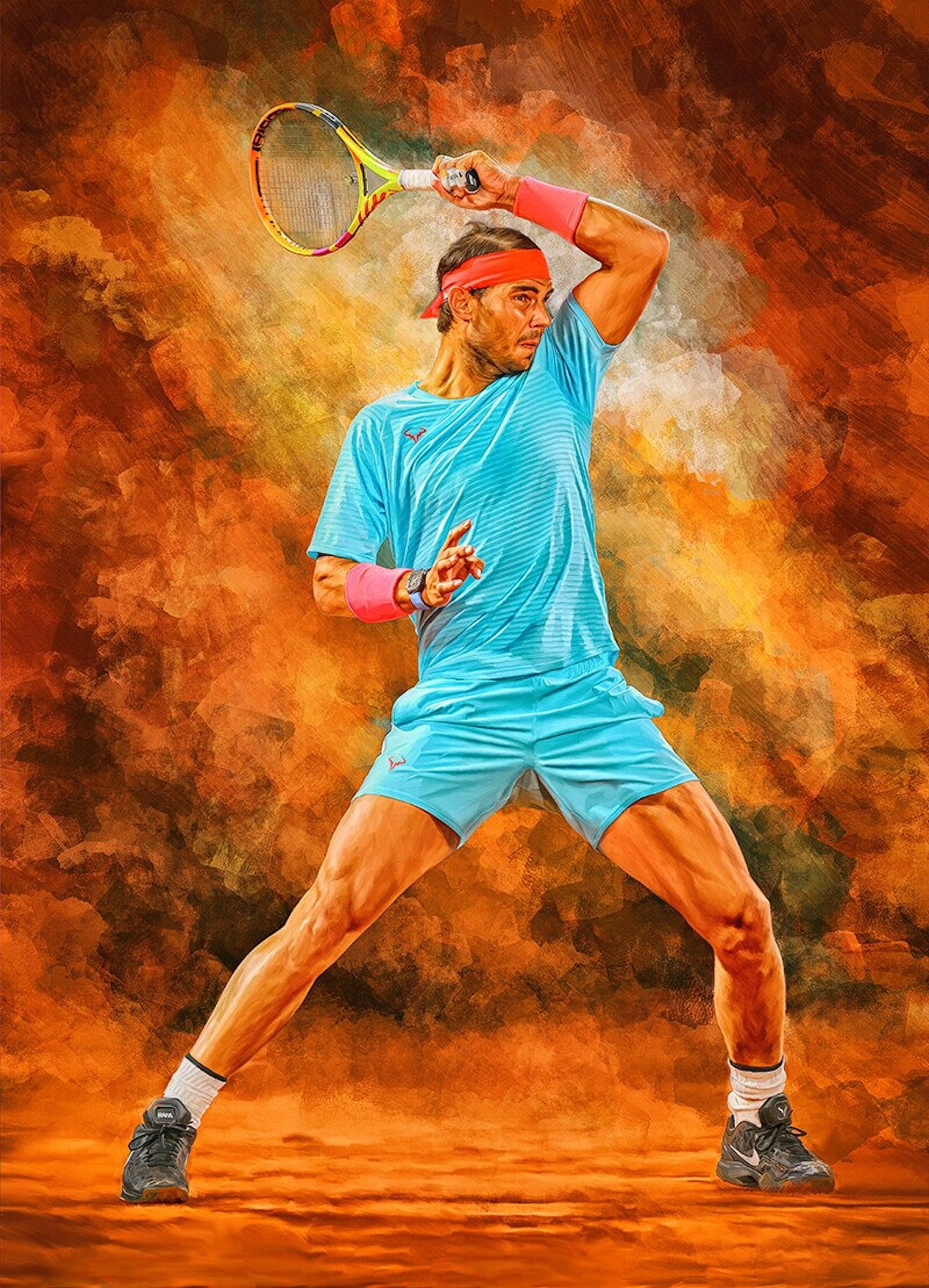 Dynamisches Poster von Rafael Nadal in Aktion beim Tennis, als Deko Print von justgoodmood. Perfekt für Sportfans und Kunstliebhaber.