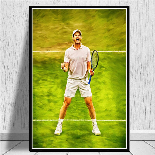 Sportlicher Jubel eines Tennis Spielers in Aktion, perfekt als Deko Print für Tennisfan, Poster von justgoodmood - Tennis Spieler Jubel und Sieger Pokal.