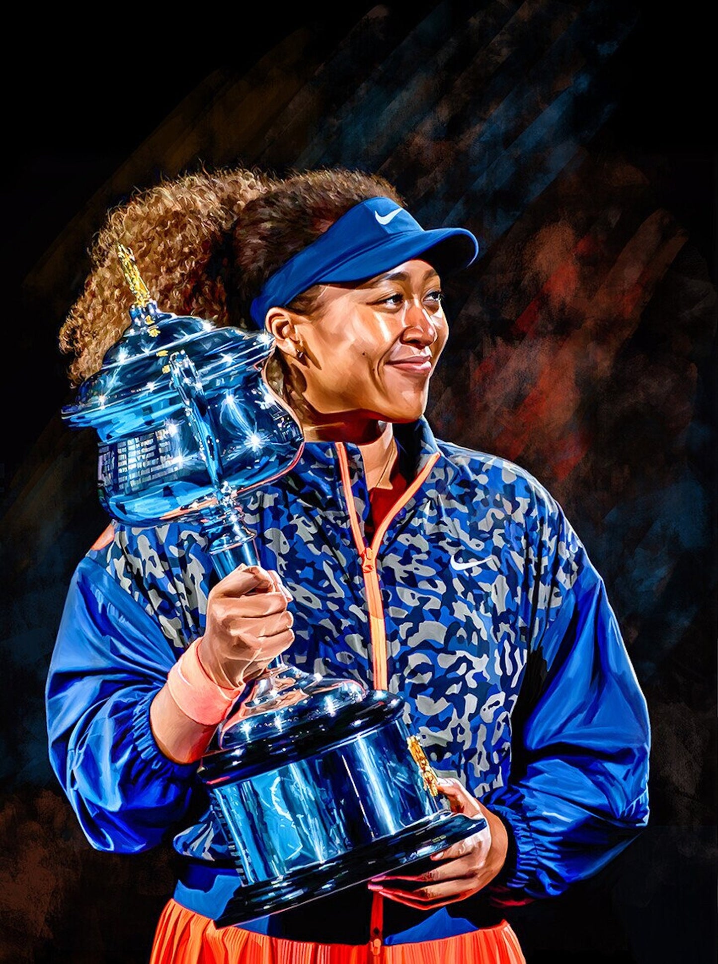 Inspirierendes Bild einer Tennis-Spielerin mit Pokal, die ihren Sieg feilzeigt, eine großartige Deko von justgoodmood.