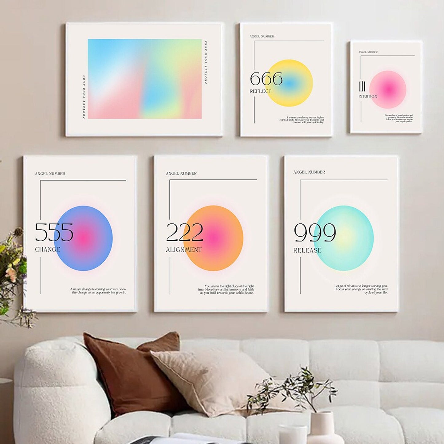 Poster von justgoodmood mit Engelszahlen 111 bis 999, das die Bedeutung der Zahlen mit buntem, modernen Design visualisiert. Ein inspirierendes Deko-Element für jede Wand, das Harmonie und Kreativität ausstrahlt.