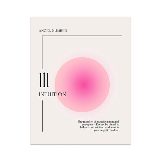 Hübsches Poster von justgoodmood, das die Engelszahl 111 mit der Bedeutung 'Intuition' zeigt. Das Design beinhaltet einen sanften roten Farbverlauf und inspiriert zur Vertrauenssetzung auf die eigene Intuition.