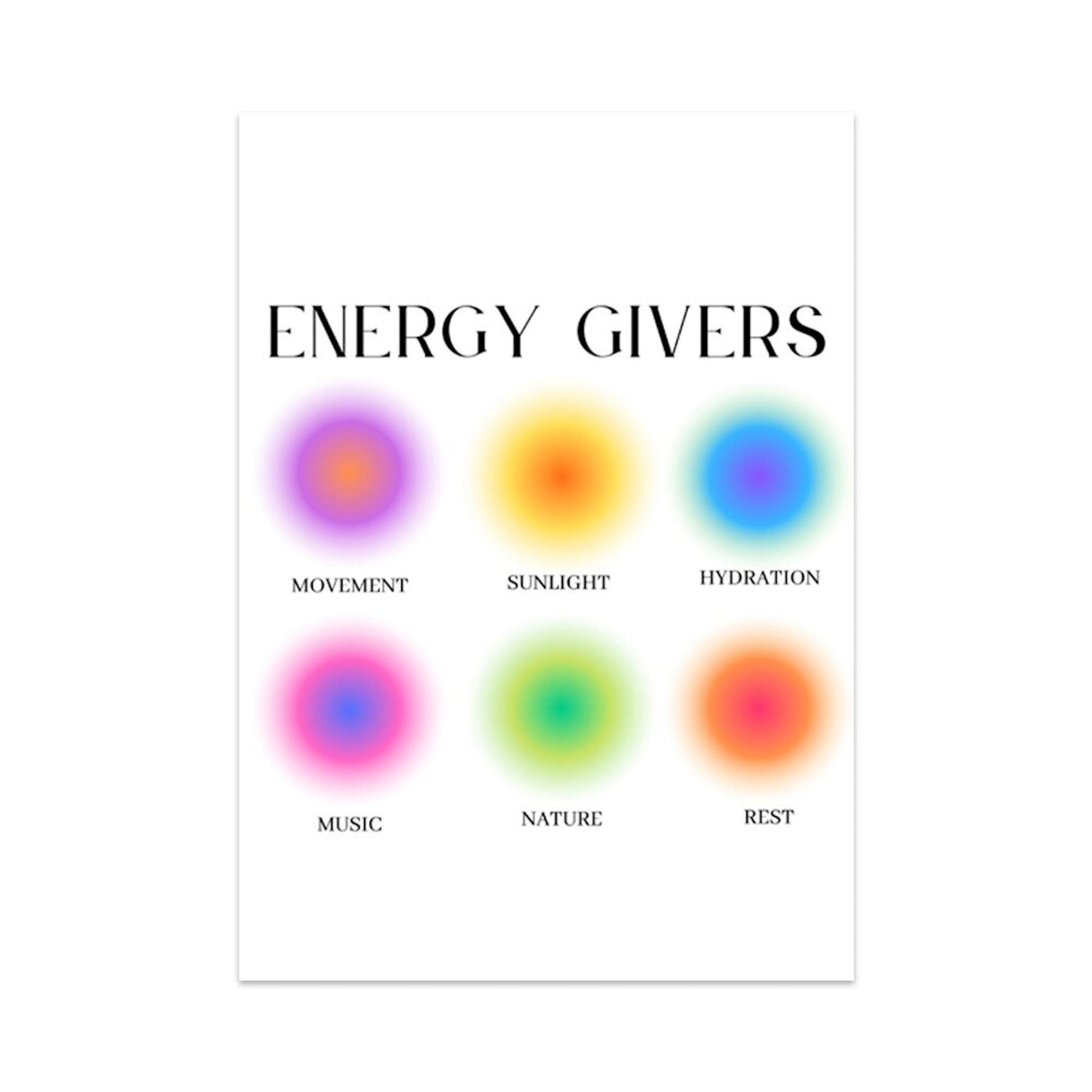 Energiegeber Poster mit bunten Symbolen für Bewegung, Sonnenlicht und mehr. Dieser fröhliche Deko Print von justgoodmood bringt positive Energie in dein Zuhause.