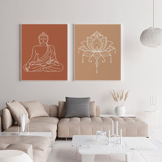 Stilvolles Poster von justgoodmood mit Buddha und Lotusblume, inspiriert von der Spiritualität in einem modernen Wohnraum. Perfekt als Deko Print für Yoga- und Meditationsräume.