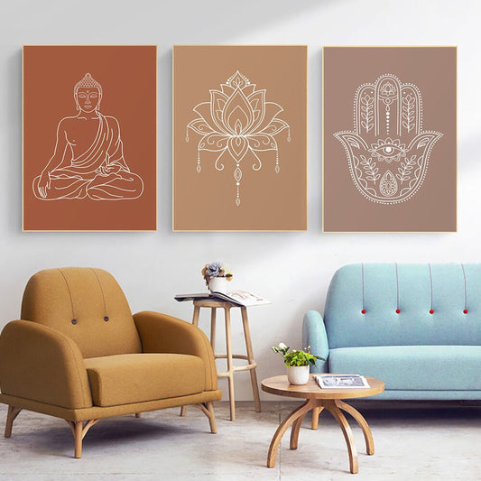 Entdecken Sie das warme Design von justgoodmood, mit Buddha und Lotusblume, ideal für gemütliche Wohnräume. Ein eleganter Akzent für Ihre Wanddekoration.