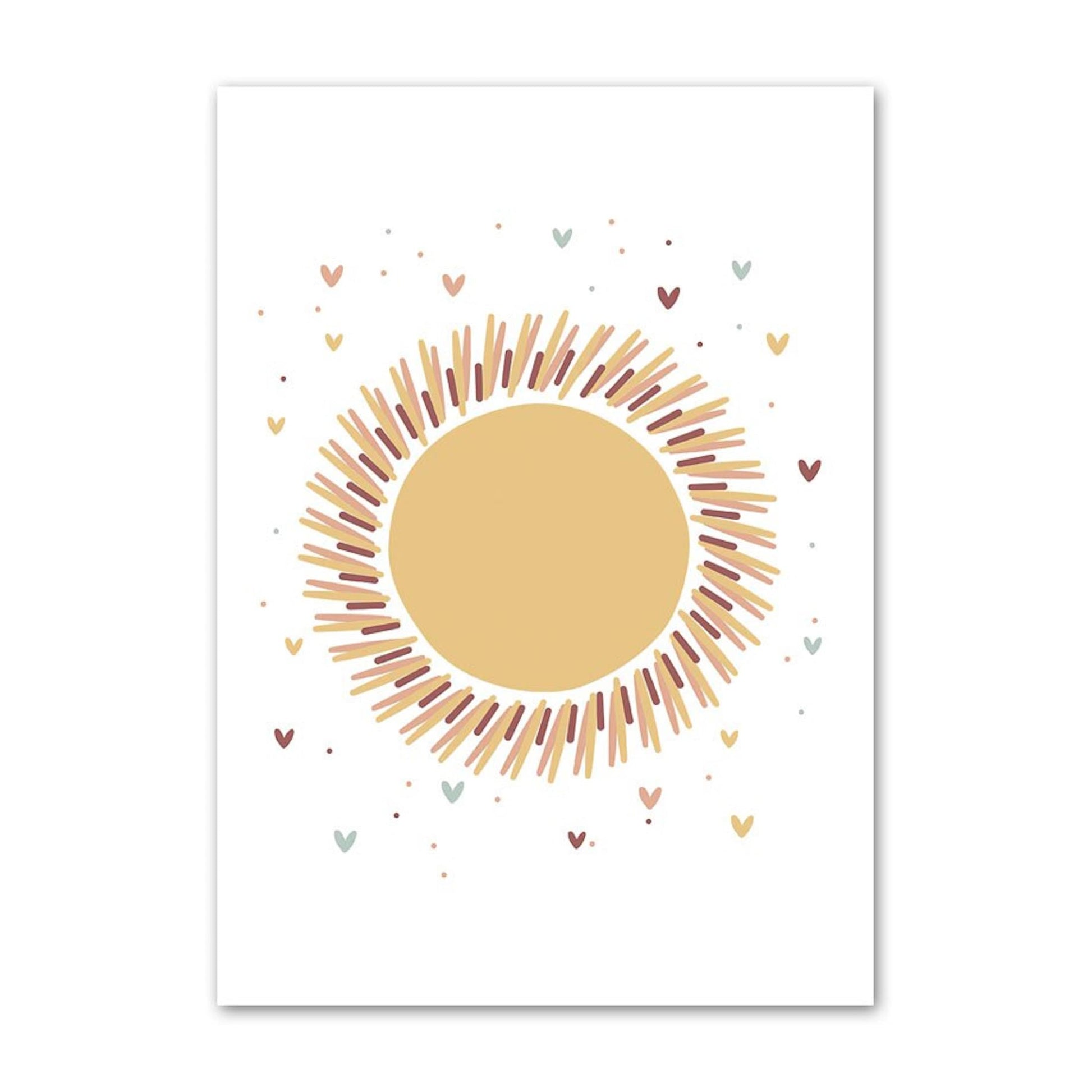 Grafik eines strahlenden Sonnenmotivs mit Herzchen, perfektes Poster für das Kinderzimmer von justgoodmood, Deko Print ohne Rahmen.