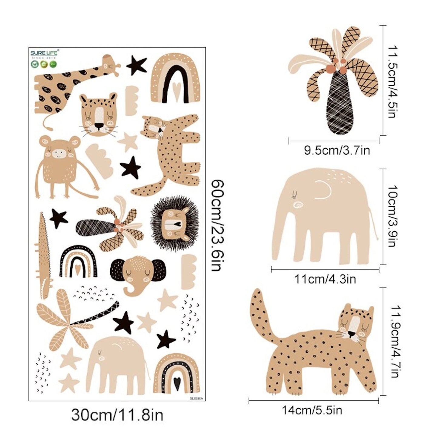 Anleitung und Maßstab der Wandtattoos von justgoodmood, die niedliche Safari-Tiere wie Löwen und Elefanten zeigen, perfekt für die kreative Dekoration von Kinderzimmern.