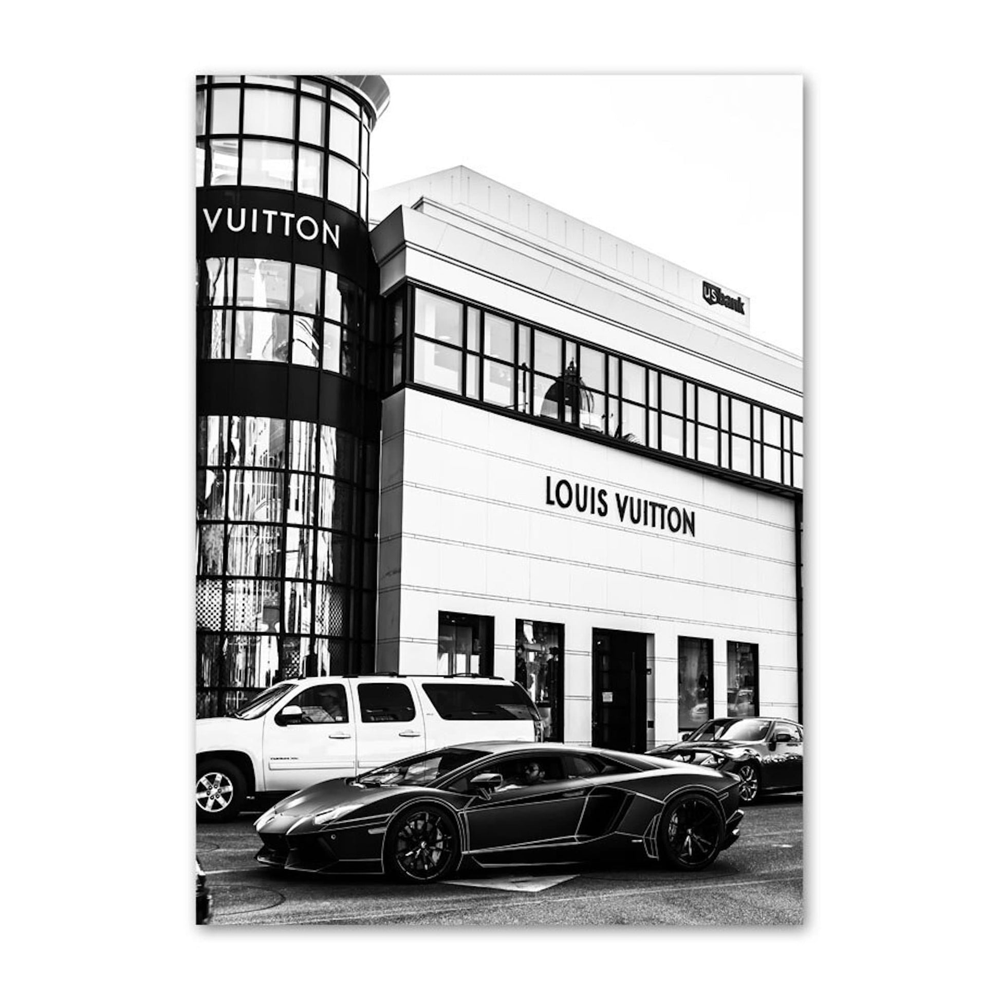 Faszinierendes Poster eines Lamborghini vor einem Louis Vuitton Geschäft, ideal als Deko Print von justgoodmood, stilvoll und luxuriös.