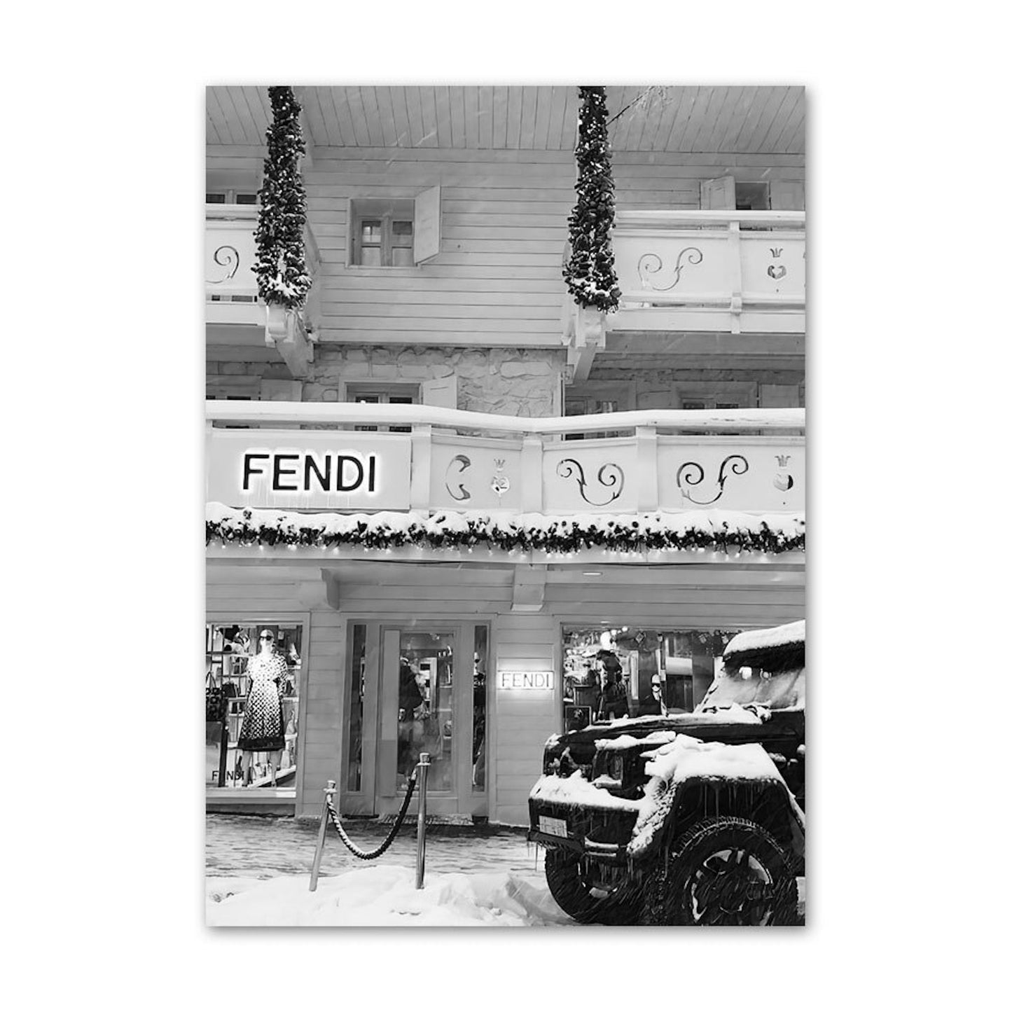 Schwarz Weiß Luxus Geschäfte und Fahrzeuge Poster von justgoodmood – beeindruckendes Bild eines Fendi-Geschäfts im Schnee, umrahmt von winterlicher Romantik.