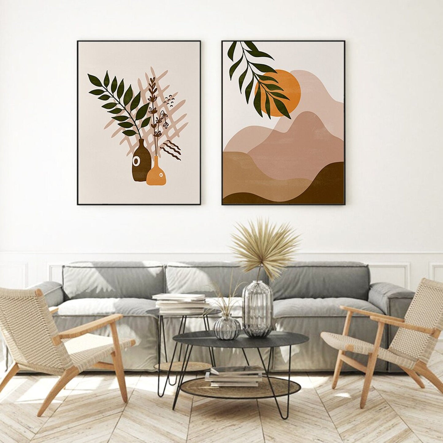 Zweierlei Boho Poster mit einer Pflanzenkomposition und Bergen, ideale Wanddekoration von justgoodmood für ein modernes Zuhause.