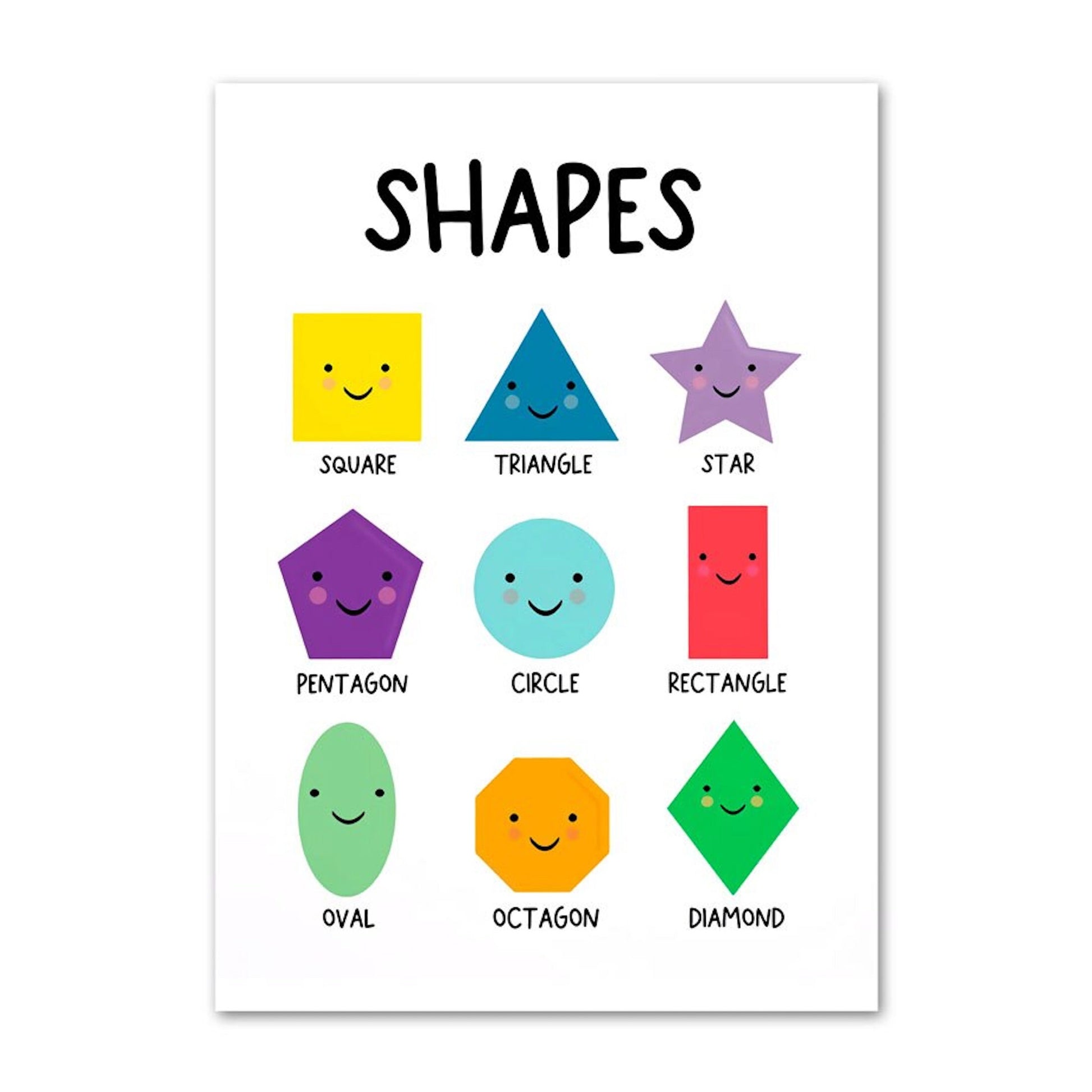 Buntes Poster von justgoodmood mit lächelnden Formen, das Kinder beim Lernen von geometrischen Figuren wie Quadrat, Dreieck und Stern unterstützt. Perfekt für die Lernumgebung im Kinderzimmer.