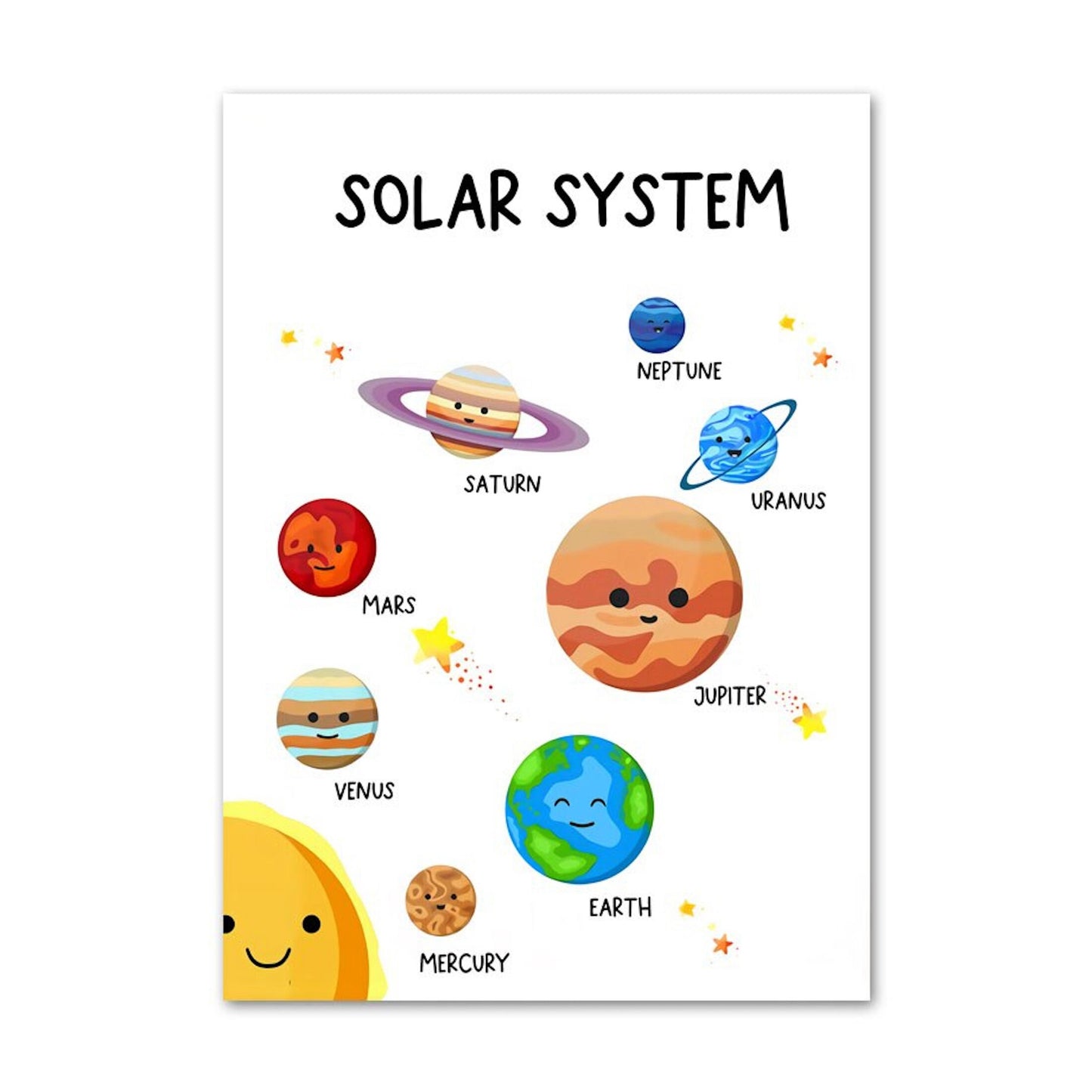 Schickes Poster des Sonnensystems von justgoodmood mit freundlichen Planetendarstellungen. Es hilft Kindern auf spielerische Weise, mehr über das Universum zu lernen.