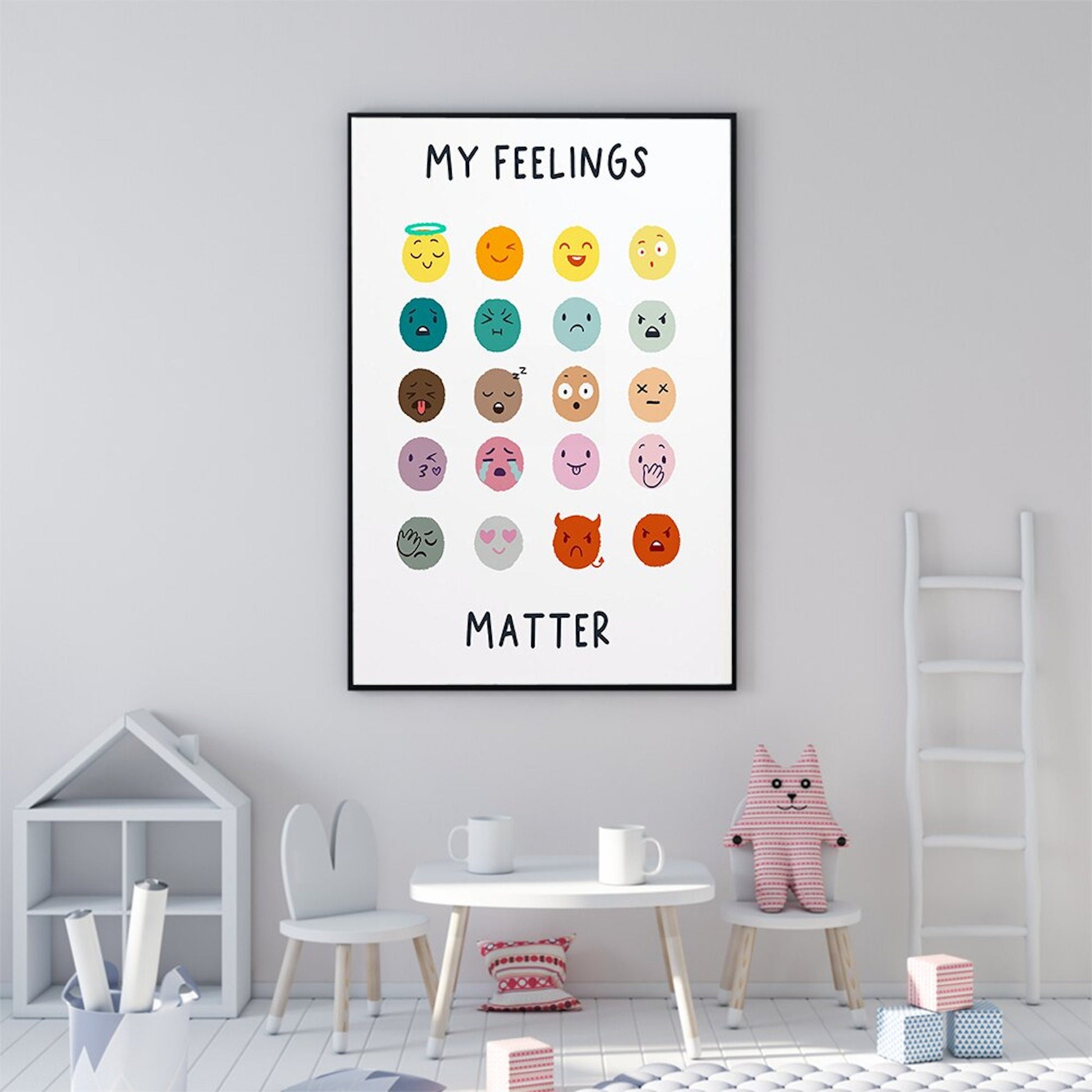 Stylisches Poster "Kinder Emojis Gefühle" von justgoodmood, präsentiert in einem modernen Kinderzimmer, um Kindern zu helfen, ihre Gefühle auszudrücken und ihre Räume fröhlich zu gestalten.