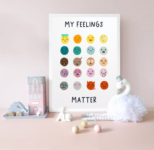 Wunderschönes Poster "Kinder Emojis Gefühle" von justgoodmood, das bunte Emojis darstellt, perfekt für die kreative Atmosphäre im Kinderzimmer und zur Unterstützung emotionaler Intelligenz.