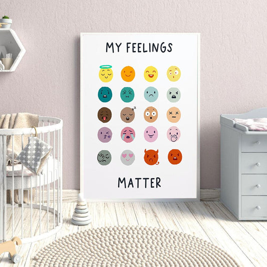 Fröhliches Kinderzimmer Poster "Kinder Emojis Gefühle" von justgoodmood, das verschiedene emotionale Emojis zeigt, ideal zur Dekoration und Förderung des emotionale Ausdrucks bei Kindern.