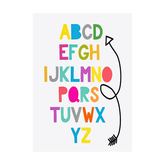 Fröhliches ABC-Poster 'Schule Lernen Alphabet, Kontinente, Formen, Zahlen, Richtungen, Gemüse und Früchte' von justgoodmood. Eine lebendige Deko-Idee für das Kinderzimmer.