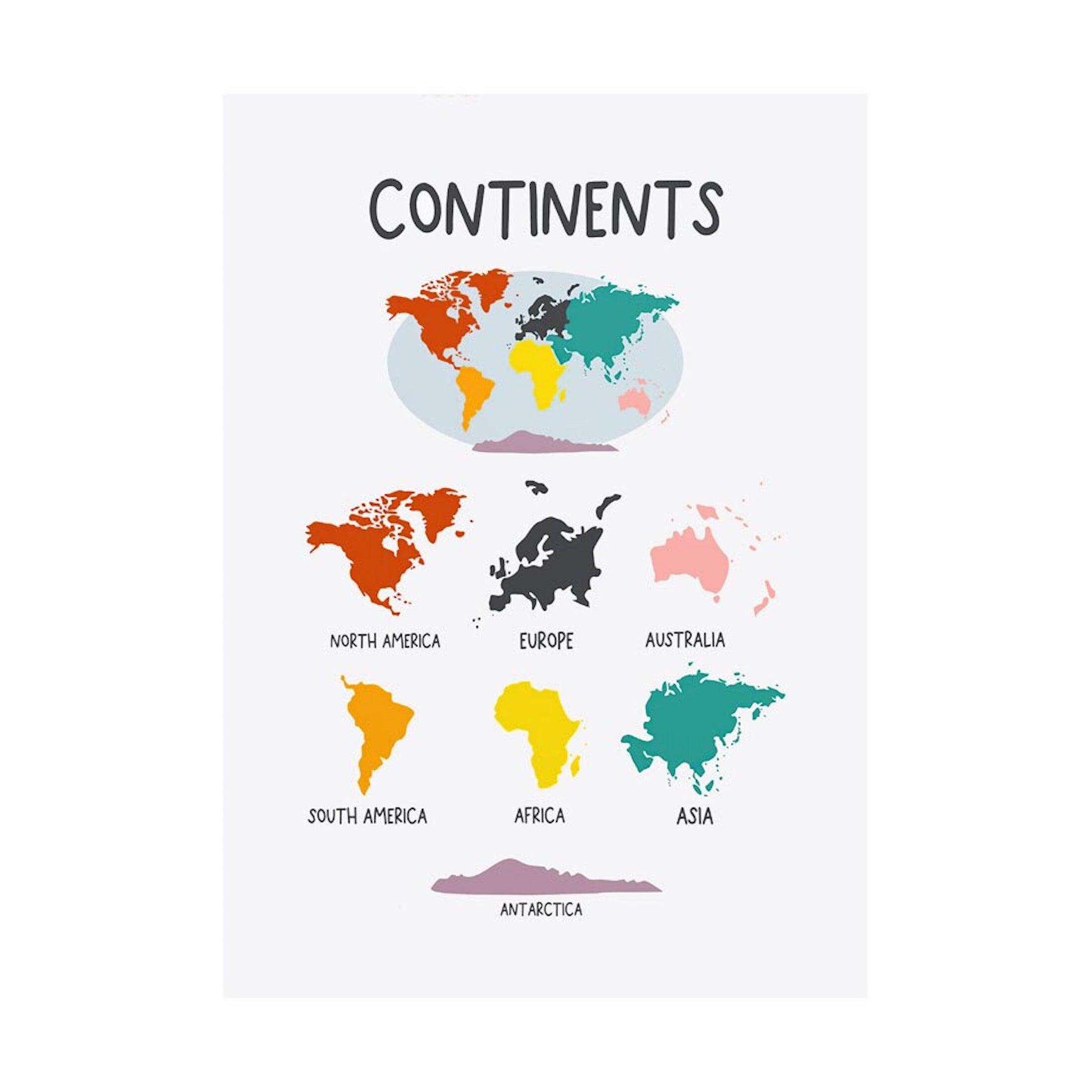 Detailreiches Kontinent-Poster: 'Schule Lernen Alphabet, Kontinente, Formen, Zahlen, Richtungen, Gemüse und Früchte' von justgoodmood. Eine lehrreiche Wanddekoration für kreative Kinder.