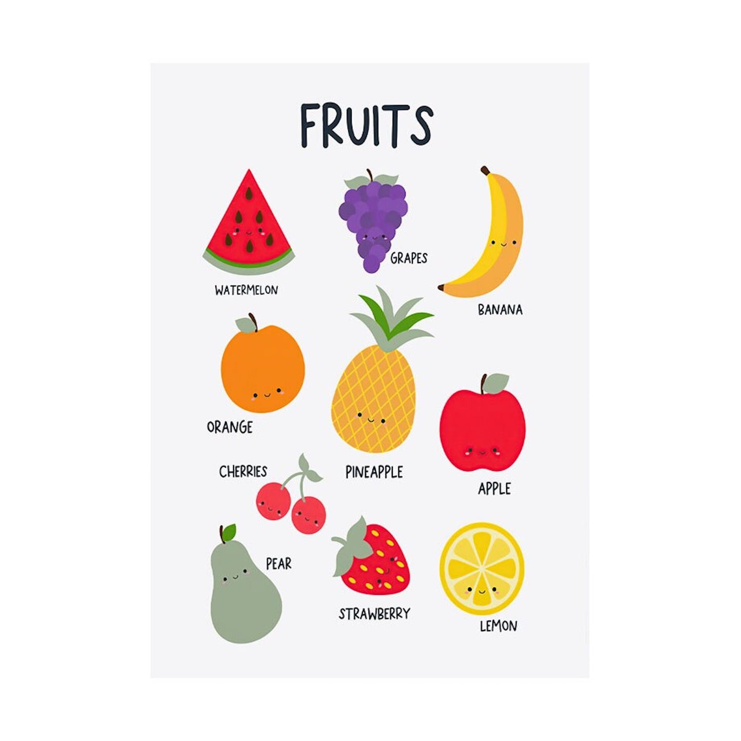 Lebhaftes Poster von justgoodmood mit süßen Illustrationen von Früchten, perfekt für das Lernen im Kinderzimmer. Titel: Poster Kinder Schule lernen Alphabet Kontinente Formen Zahlen Richtungen Gemüse und Früchte als Deko Print ohne Rahmen.