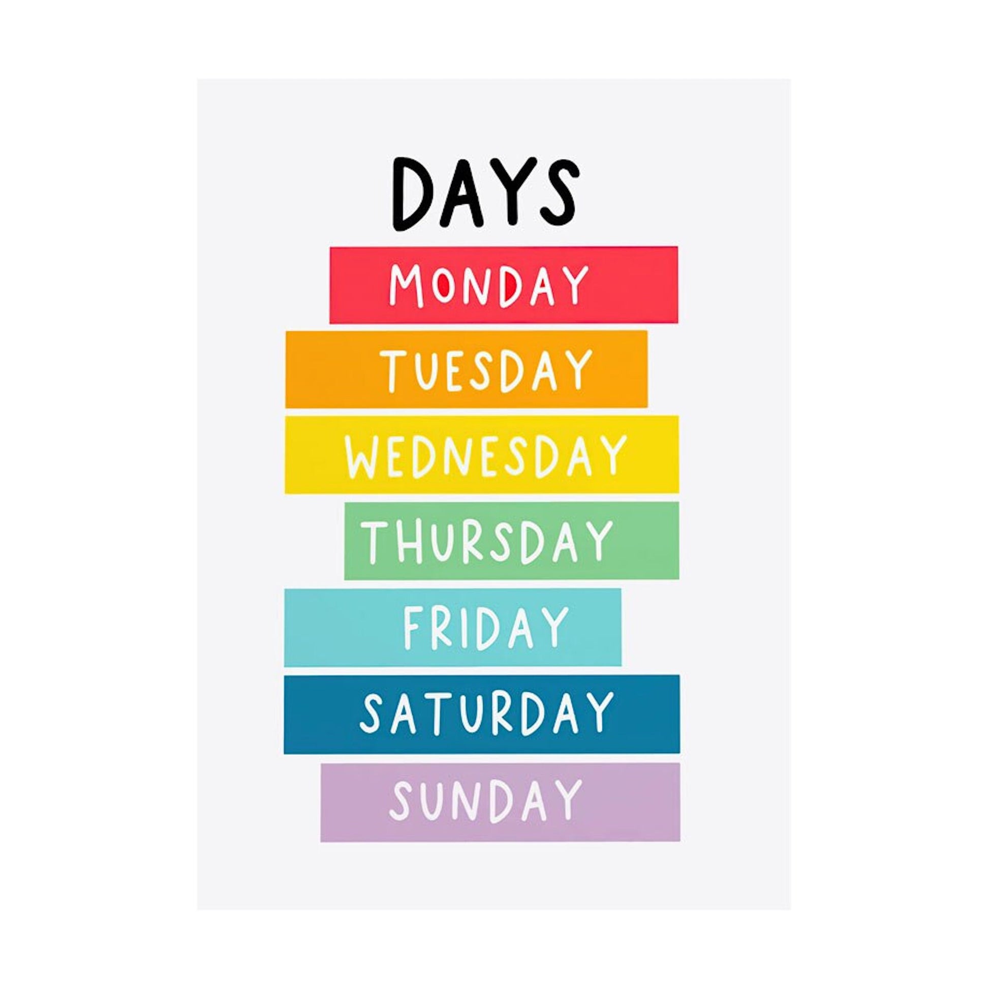 Bunt gestaltetes Lernposter von justgoodmood mit den Wochentagen: Montag, Dienstag, Mittwoch, Donnerstag, Freitag, Samstag, Sonntag. Ideal für die Gestaltung von Kinderzimmern und das spielerische Lernen.