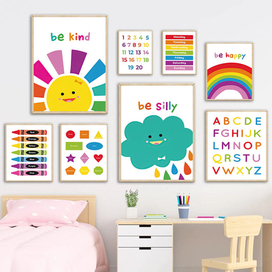 Bunt gestalteter Kinderposter mit den Worten 'be kind' und einem strahlenden Sonnenmotiv. Ideal für Kinderzimmer Deko und Lernhilfe. Poster von justgoodmood.