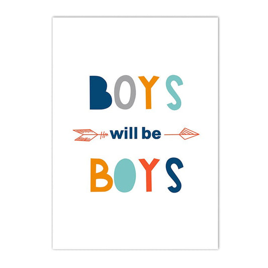 Fröhliches Poster mit dem Schriftzug 'Boys will be Boys' von justgoodmood, perfekt für die Kinderzimmergestaltung, Titel: Poster Kinder Junge und Brüder Abenteuer als Deko Print ohne Rahmen.