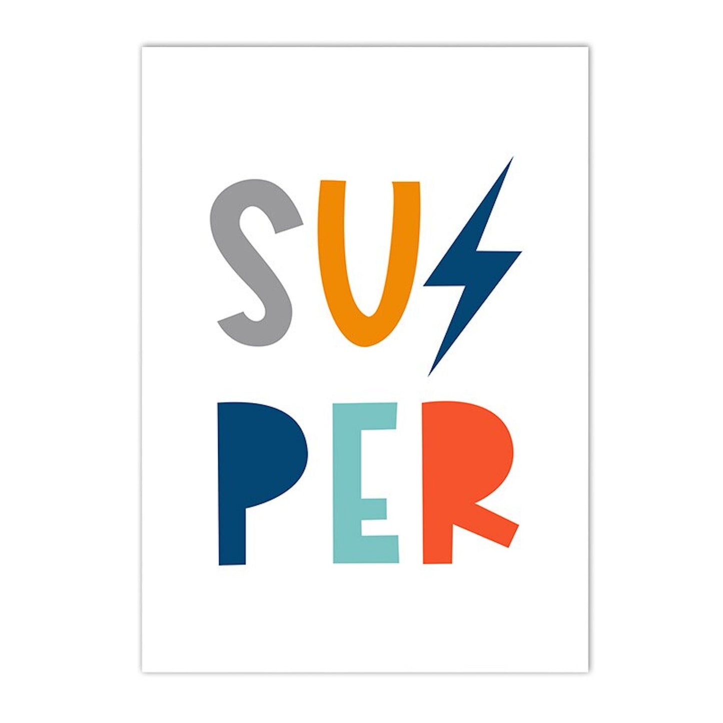 Buntes Poster mit dem Wort "SUPER" in fröhlicher Schrift für die Kinderzimmerdekoration von justgoodmood, Abenteuer für Kinder.
