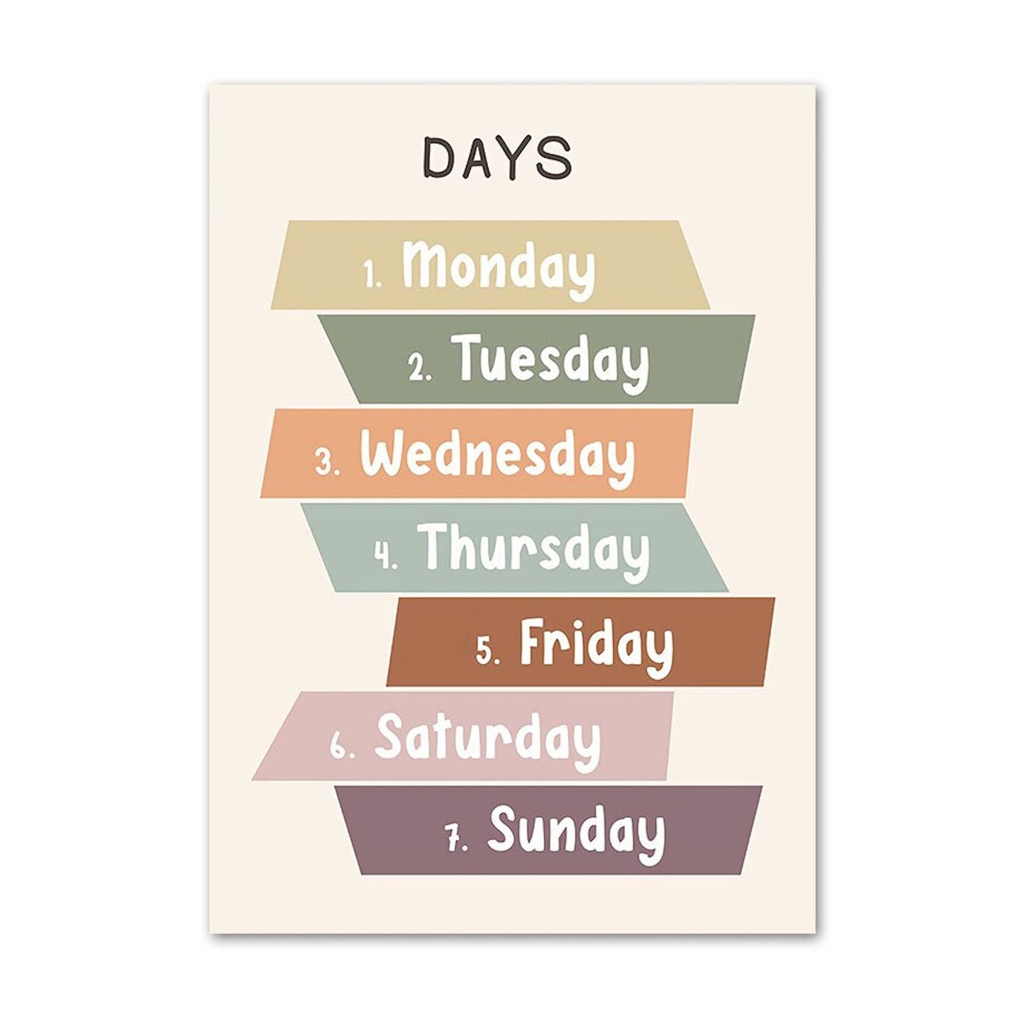 Fröhliches Poster von justgoodmood mit den Wochentagen in bunten Farben, ideal für Kinderzimmer-Deko. Kinder Zahlen Wochentage Wetter Monate Jahreszeiten und Begrüßung als Deko Print ohne Rahmen.