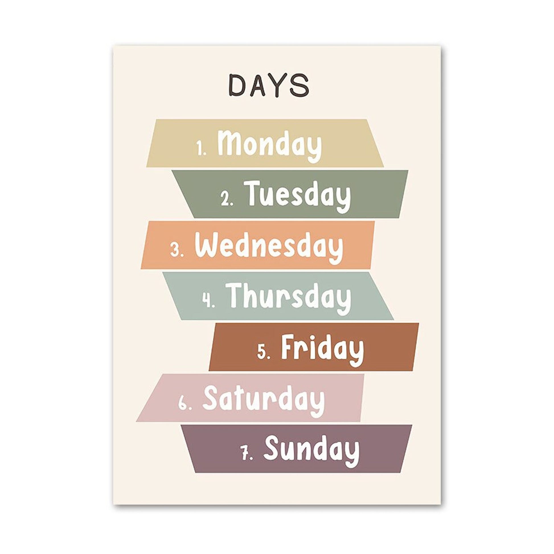 Fröhliches Poster von justgoodmood mit den Wochentagen in bunten Farben, ideal für Kinderzimmer-Deko. Kinder Zahlen Wochentage Wetter Monate Jahreszeiten und Begrüßung als Deko Print ohne Rahmen.