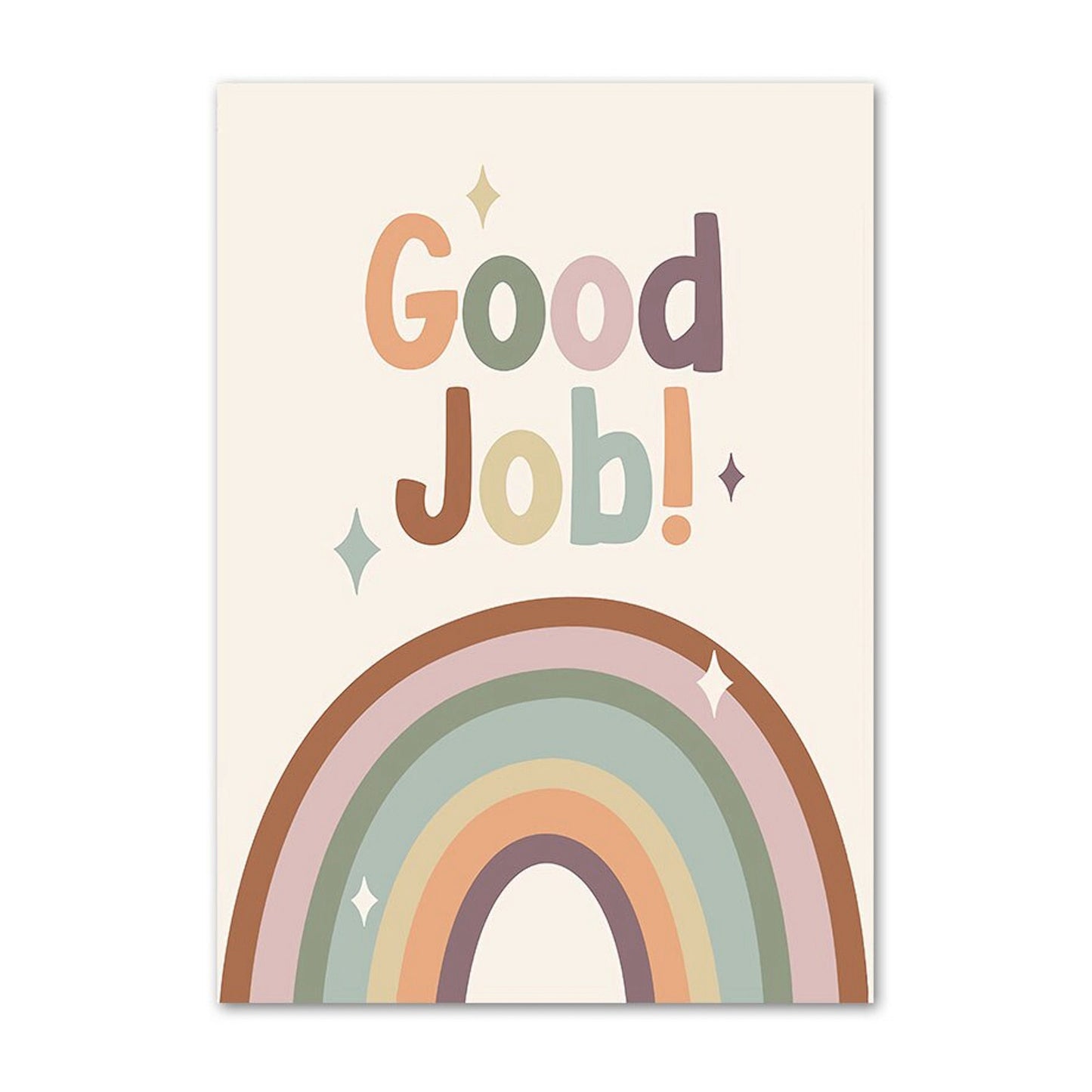 Detailansicht des 'Good Job!' Posters mit Regenbogen und lebhaften Farben, ideal für die Raumgestaltung von justgoodmood.