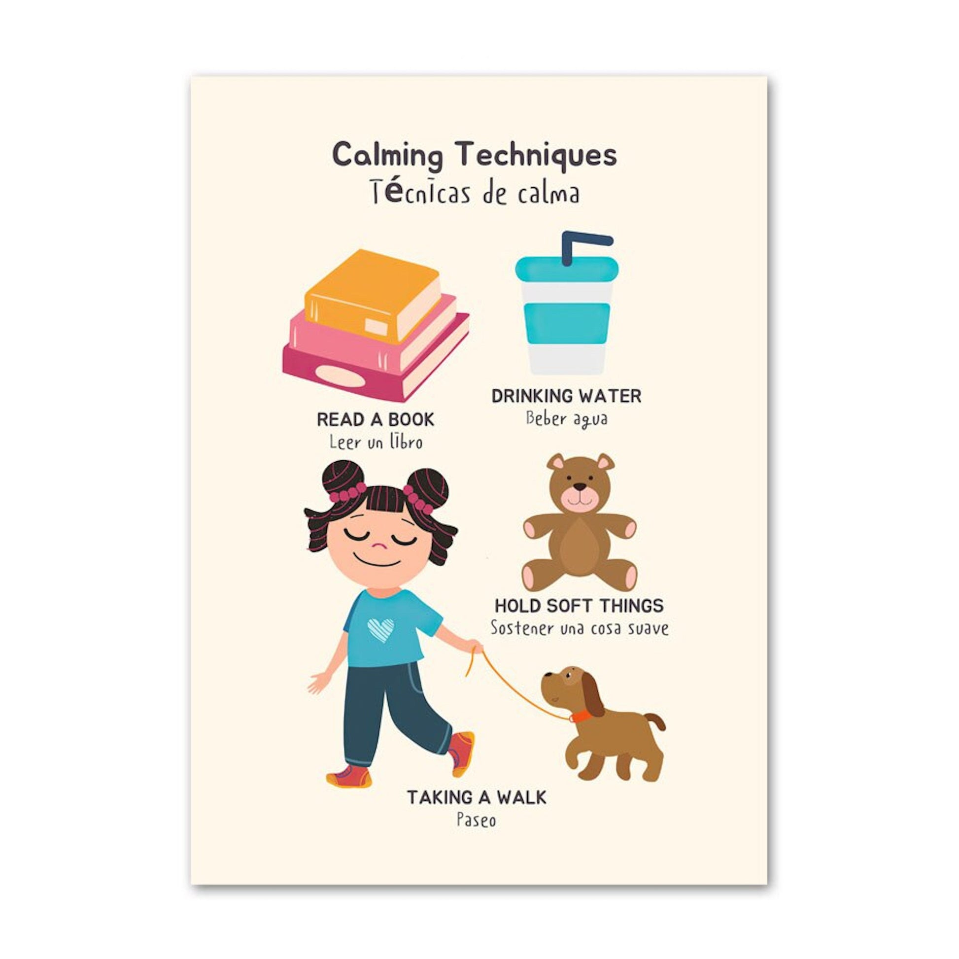 Kreatives Poster von justgoodmood, das verschiedene Beruhigungstechniken für Kinder zeigt, einschließlich "Ein Buch lesen" und "Wasser trinken". Perfekt als Deko im Kinderzimmer mit dem Titel "Poster Kinder Schule Mathe Symbole Rechen Tabelle".