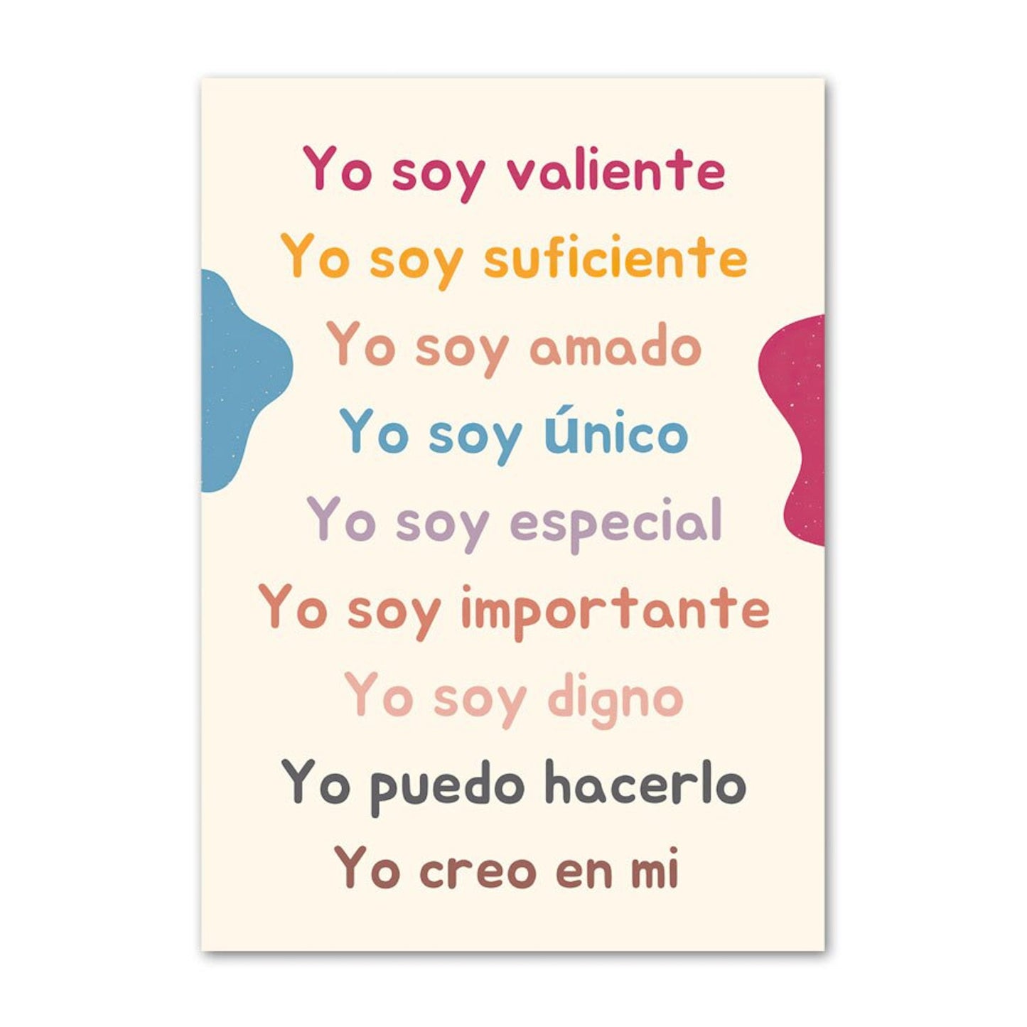 Inspirierendes Poster von justgoodmood mit positiven Affirmationen auf Spanisch, das Kinder ermutigt, ihre Selbstachtung zu stärken. Ideal zur Wandgestaltung unter dem Titel "Poster Kinder Schule Mathe Symbole Rechen Tabelle".