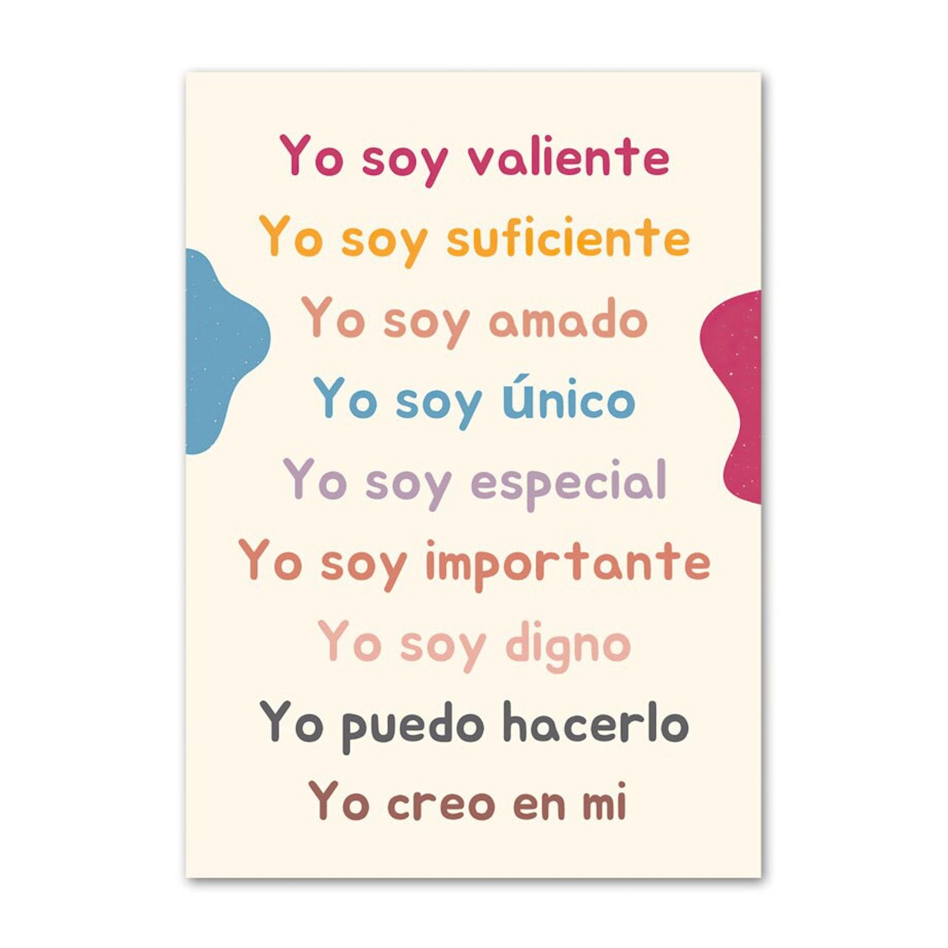 Inspirierendes Poster von justgoodmood mit positiven Affirmationen auf Spanisch, das Kinder ermutigt, ihre Selbstachtung zu stärken. Ideal zur Wandgestaltung unter dem Titel "Poster Kinder Schule Mathe Symbole Rechen Tabelle".