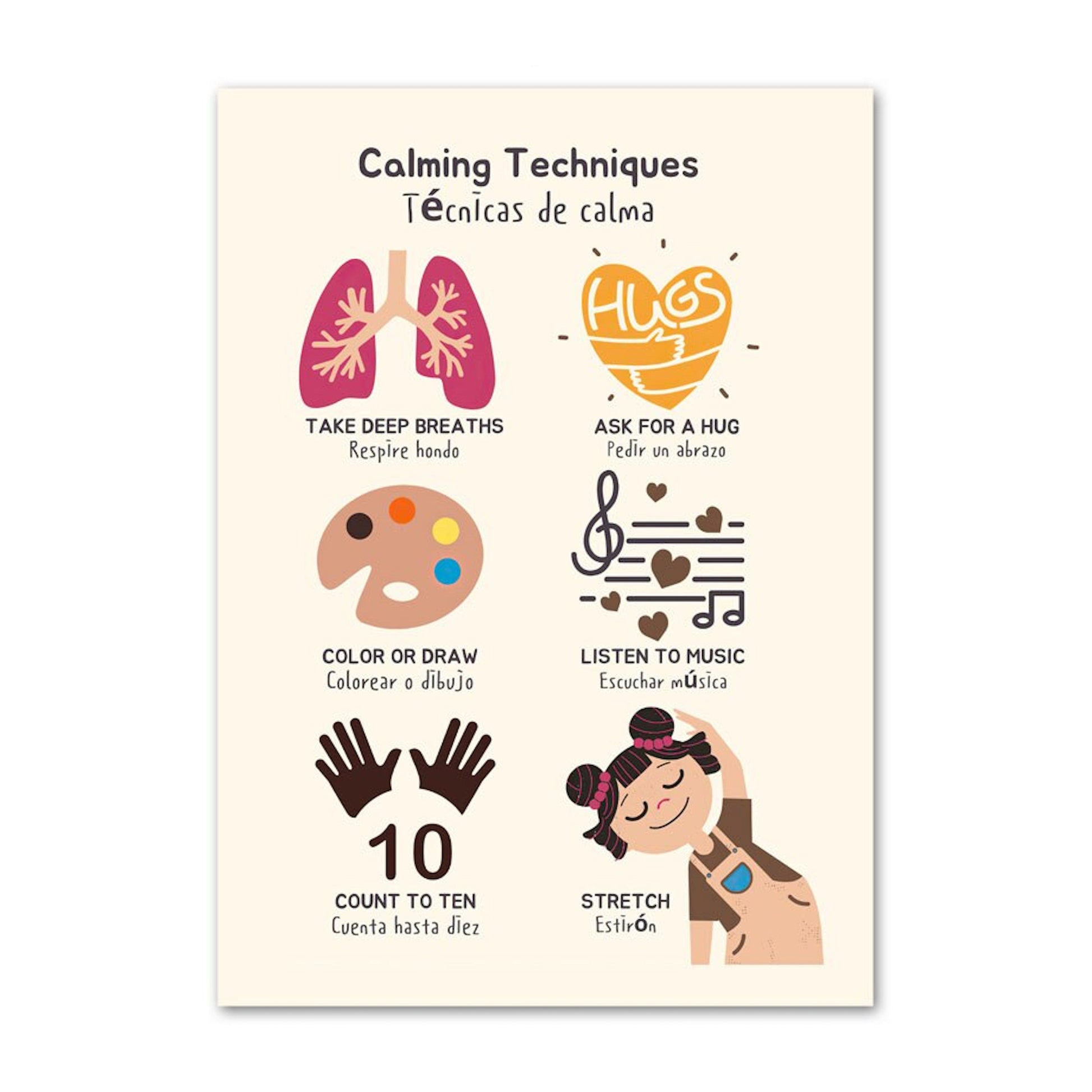 Illustratives Poster von justgoodmood, das zusätzliche Beruhigungstechniken wie "Tief durchatmen" und "Umarmungen fragen" präsentiert. Perfekt für Kinder, um Stress zu reduzieren, unter dem Titel "Poster Kinder Schule Mathe Symbole Rechen Tabelle".