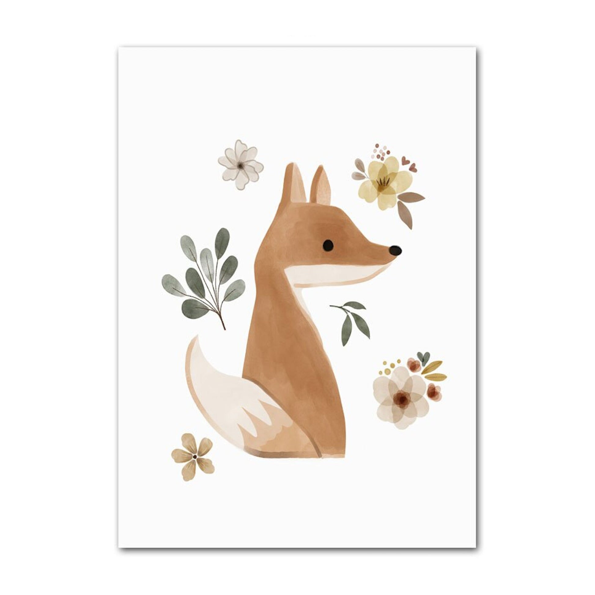 Bom Dia! Poster von justgoodmood zeigt einen niedlichen Fuchs, umgeben von Blumen, perfekt für dekorative Kinderzimmer im Boho Flair.