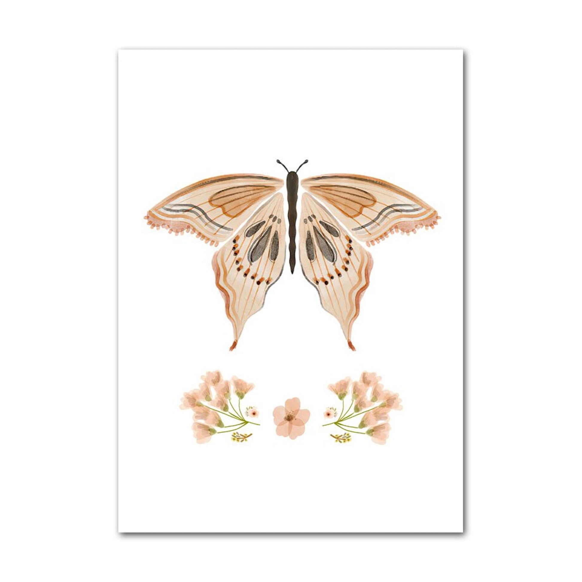 Schmetterling und Blumenillustration im Boho-Stil von justgoodmood, Teil des Posters mit Kinder Tieren wie Reh, Eichhörnchen, Fuchs, und Faultier als dekorativer Print.