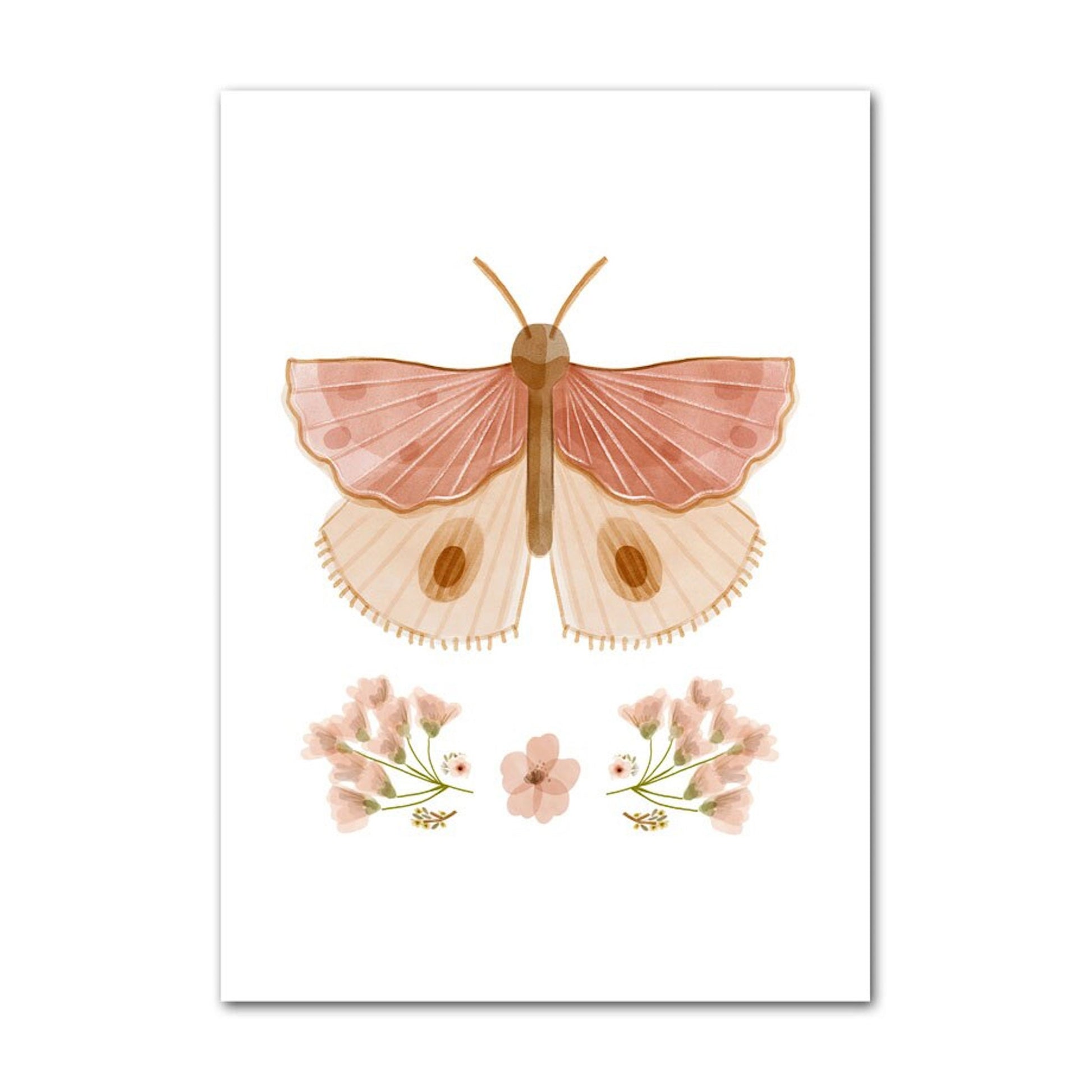 Wunderschönes Poster von justgoodmood zeigt eine stilvolle Schmetterlingsillustration, die eine fröhliche Deko für jedes Kinderzimmer im Boho Stil bietet.