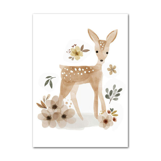 Poster von justgoodmood mit einem süßen Reh in Boho Stil, umgeben von Blumen und natürlichen Elementen. Perfekte Deko für Kinderzimmer als geschenke oder Wandkunst.