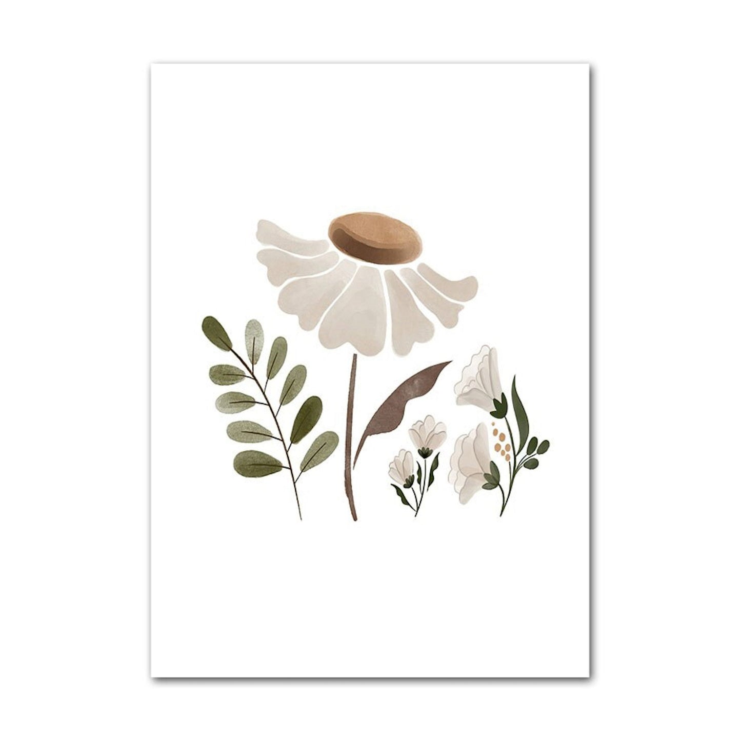 Kreatives Kinderzimmerposter mit einer großen Blume und verschiedenen Pflanzen, gestaltet von justgoodmood, Titel: Poster Kinder Tiere Vogel Fuchs Elefant Giraffe Haselnuss Zweig Eichhörnchen als Deko Print ohne Rahmen.